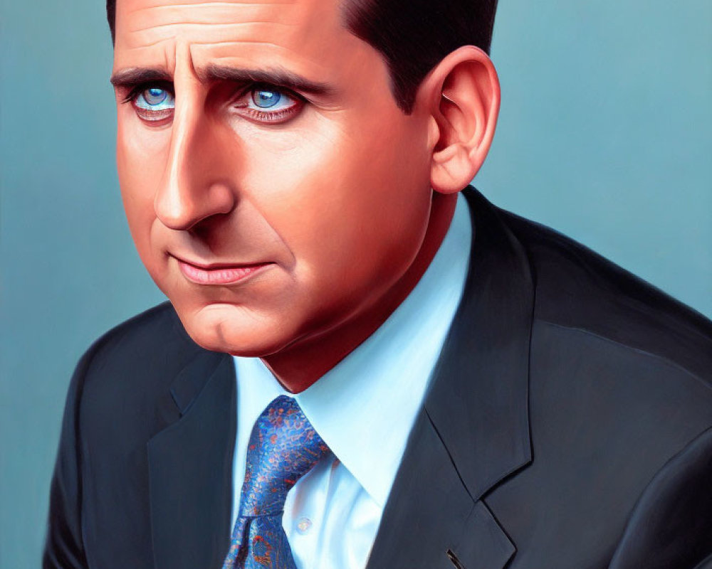 Hyperrealistic Illustration of Man in Dark Suit and Blue Tie