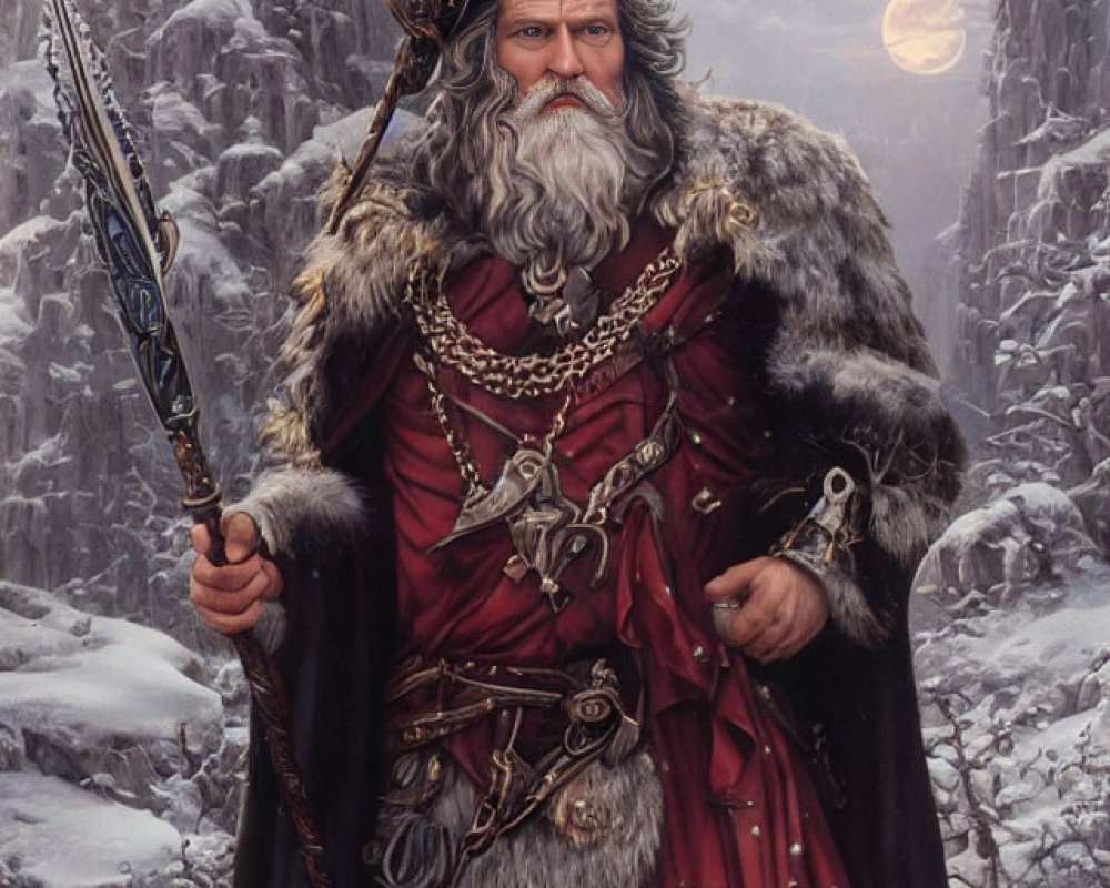 Majestic bearded warrior in medieval armor with spear in snowy mountainous backdrop