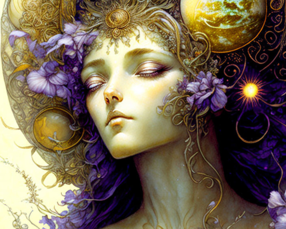 Ethereal portrait of a woman with celestial motifs and golden details