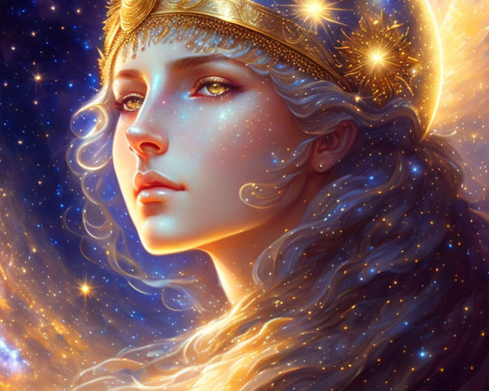 Ethereal woman with wavy hair and celestial diadem in cosmic setting