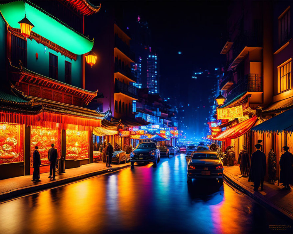 Vibrant Night Scene: Traditional Buildings, Cars, and People on Street