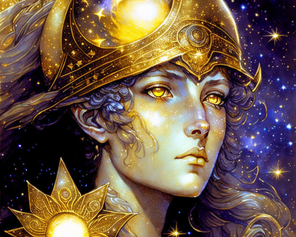 Illustrated Figure in Golden Celestial Armor with Starry Background and Sun Emblem