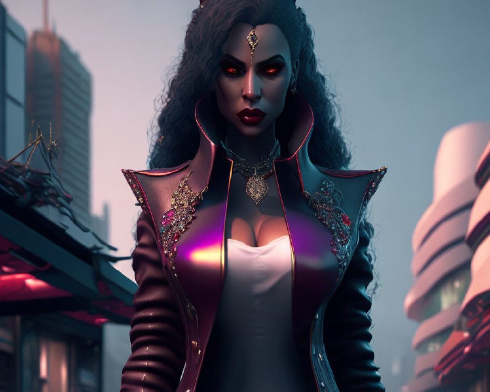 Stylized female character with horns in futuristic outfit against cityscape