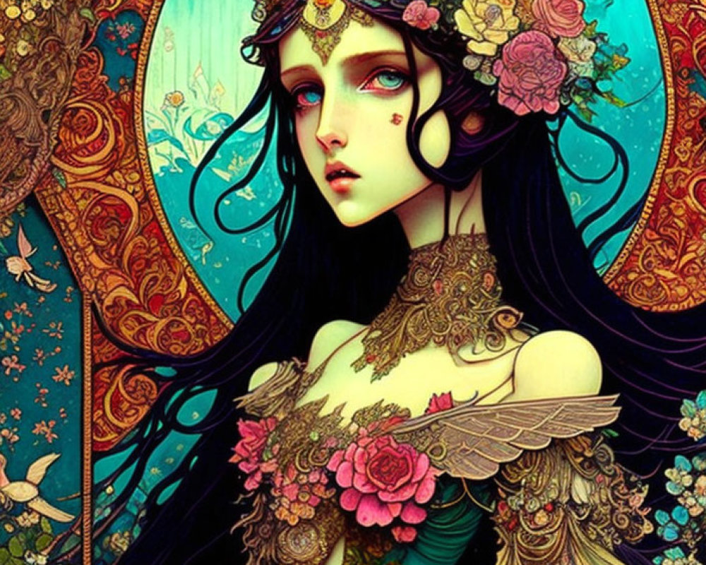 Whimsical female figure with intricate floral headpiece and blue backdrop