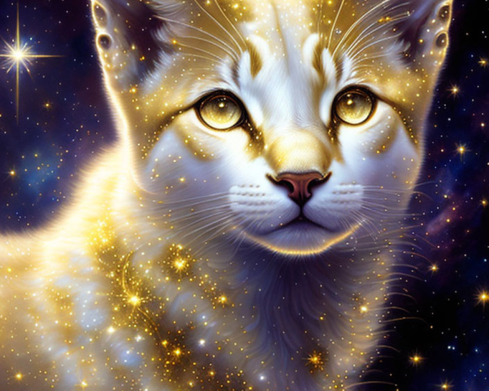 Celestial cat digital artwork with golden eyes and starry fur in deep space