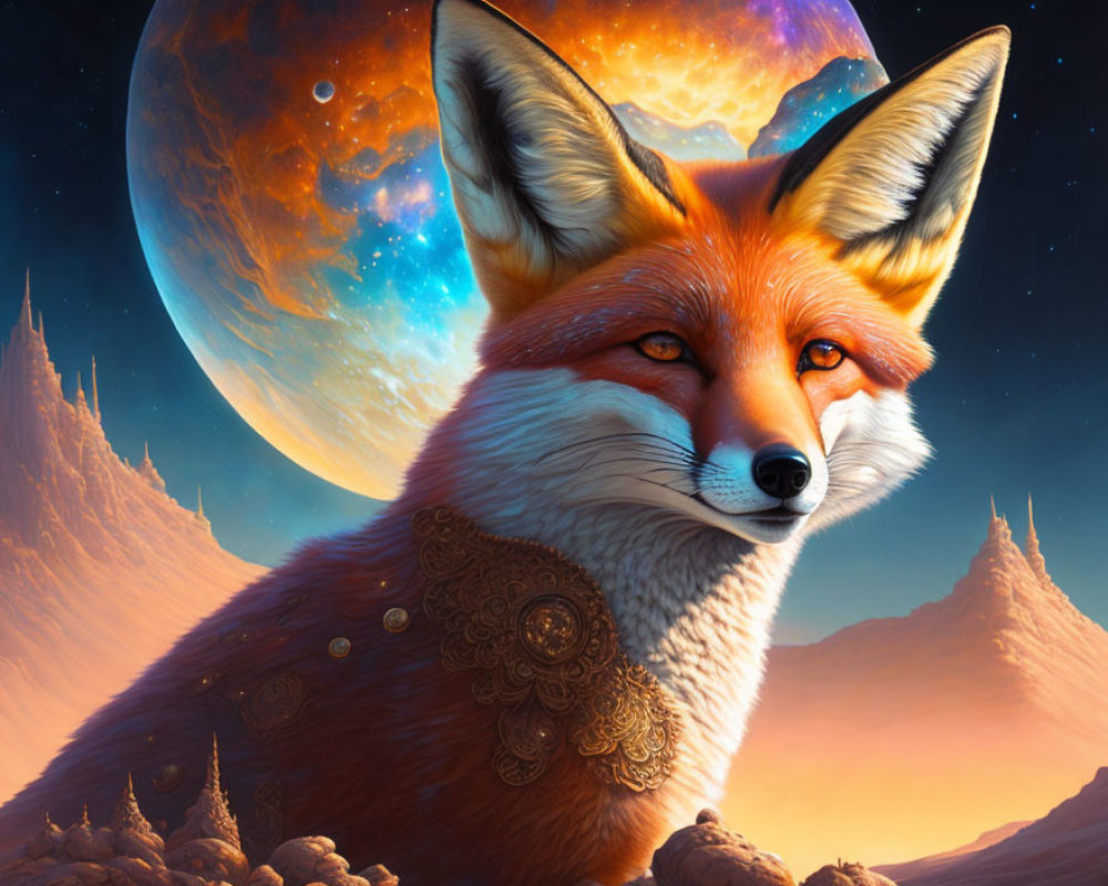 Detailed Red Fox Head Illustration on Fantasy Moonlit Terrain