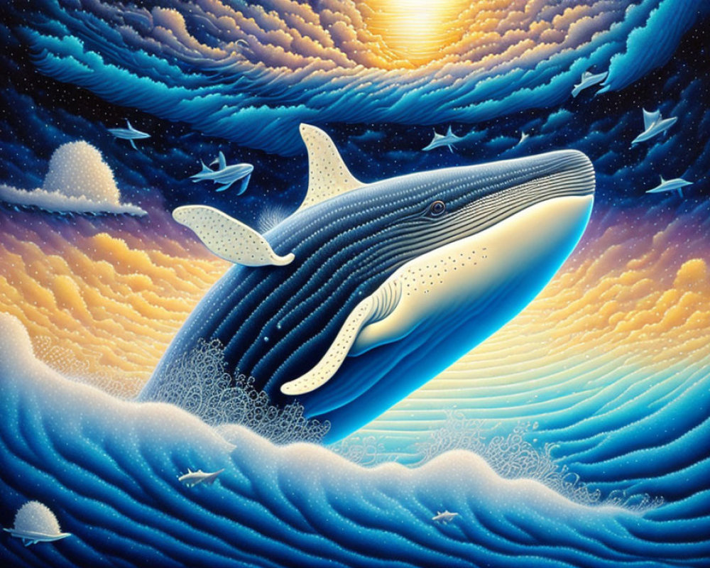 Surreal illustration of giant whale in starry sky