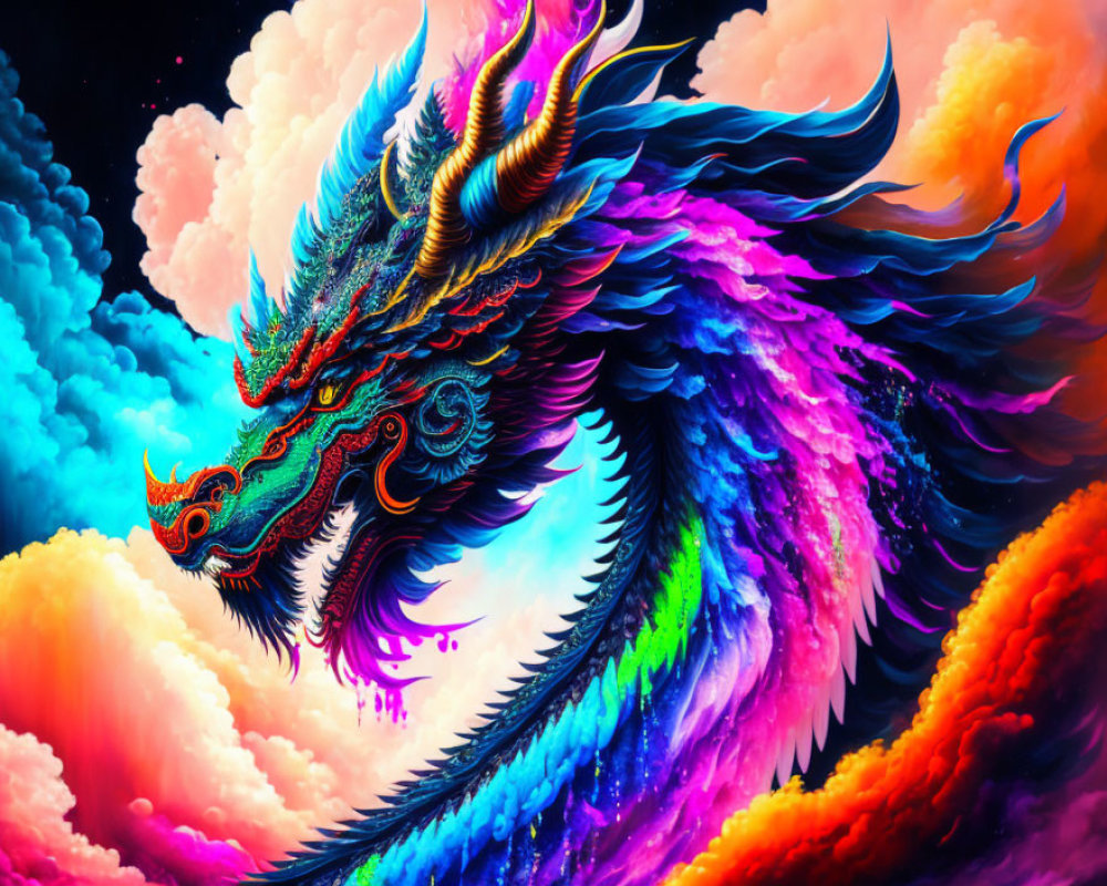 Mythical dragon digital artwork with iridescent scales in cosmic setting