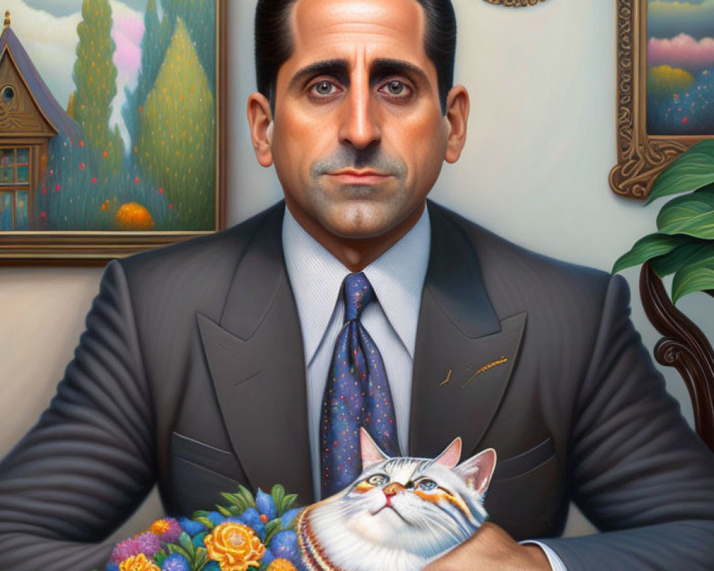 Man in suit holding cat next to flowers in stylized setting