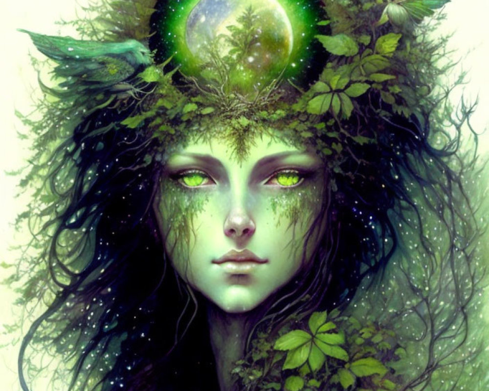 Green-skinned mystical female figure surrounded by foliage and birds with glowing orb and stars in hair