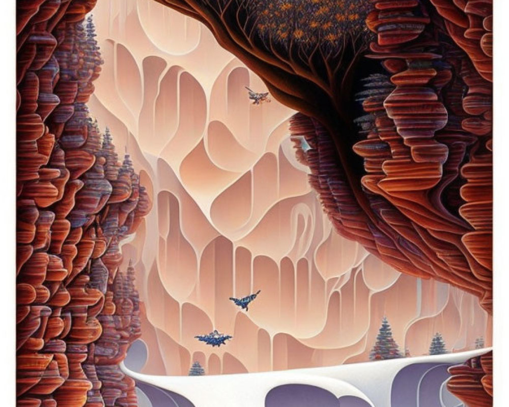 Layered Rock Formations with Autumn Trees, Tunnels, and Birds in Surreal Landscape