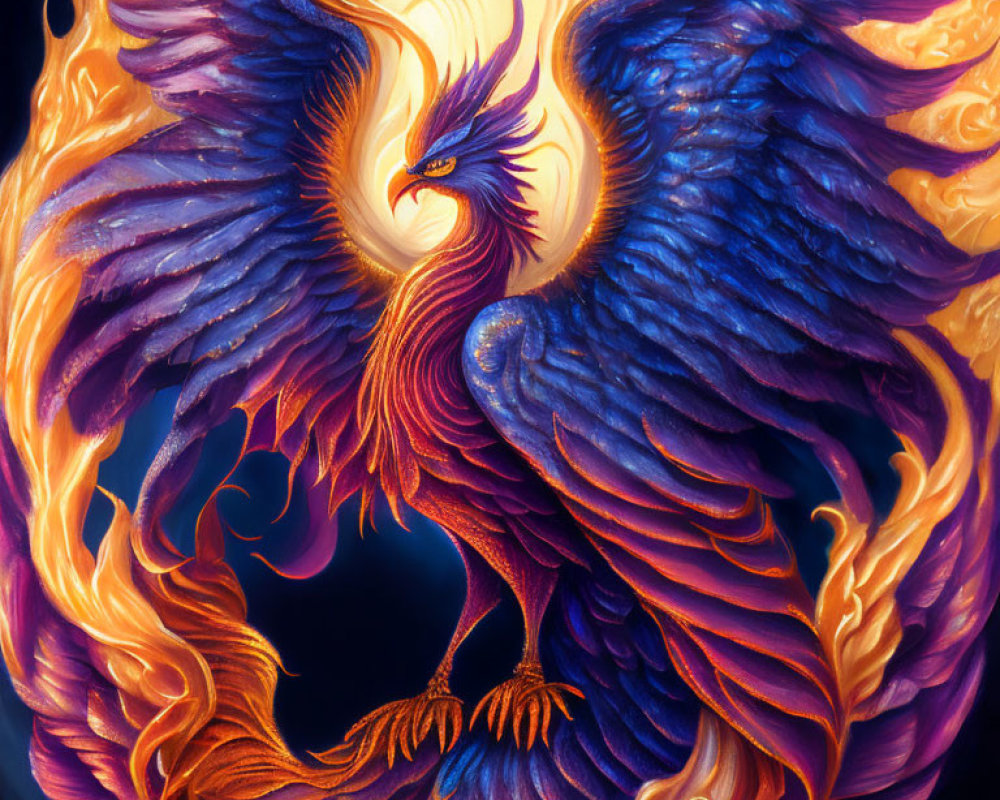 Colorful Phoenix Illustration with Fiery Plumage and Spread Wings