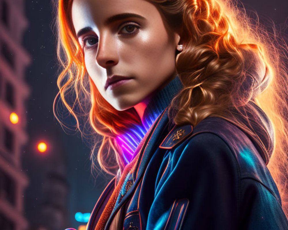 Curly-Haired Woman in Military Jacket Under Neon City Lights