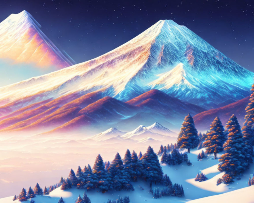 Snowy Landscape: Towering Mountains, Alpine Trees, Sunrise Glow