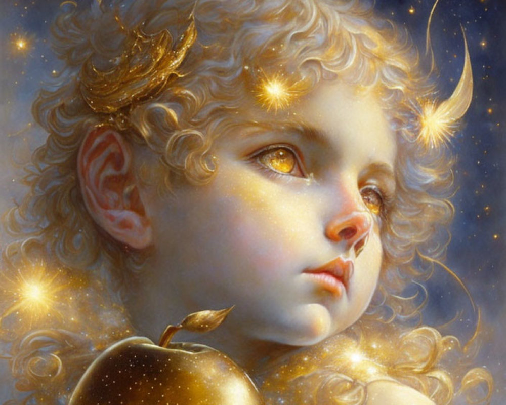 Curly-Haired Child with Golden Apple in Cosmic Setting