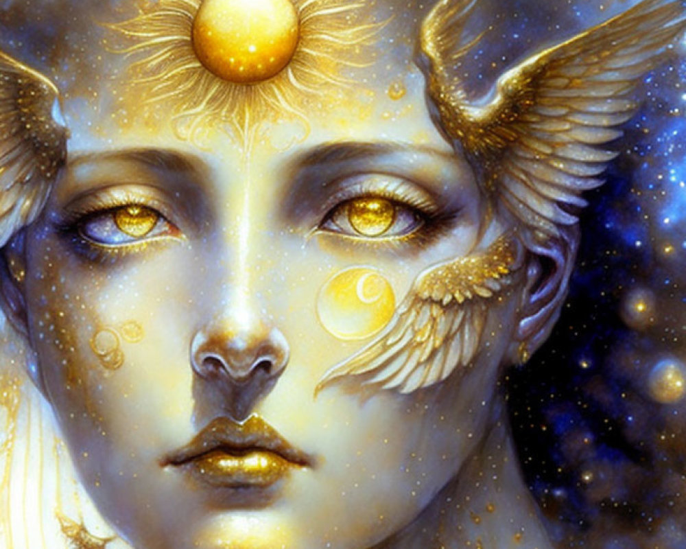 Golden portrait of celestial being with winged eyes and sun motif on forehead against starry backdrop