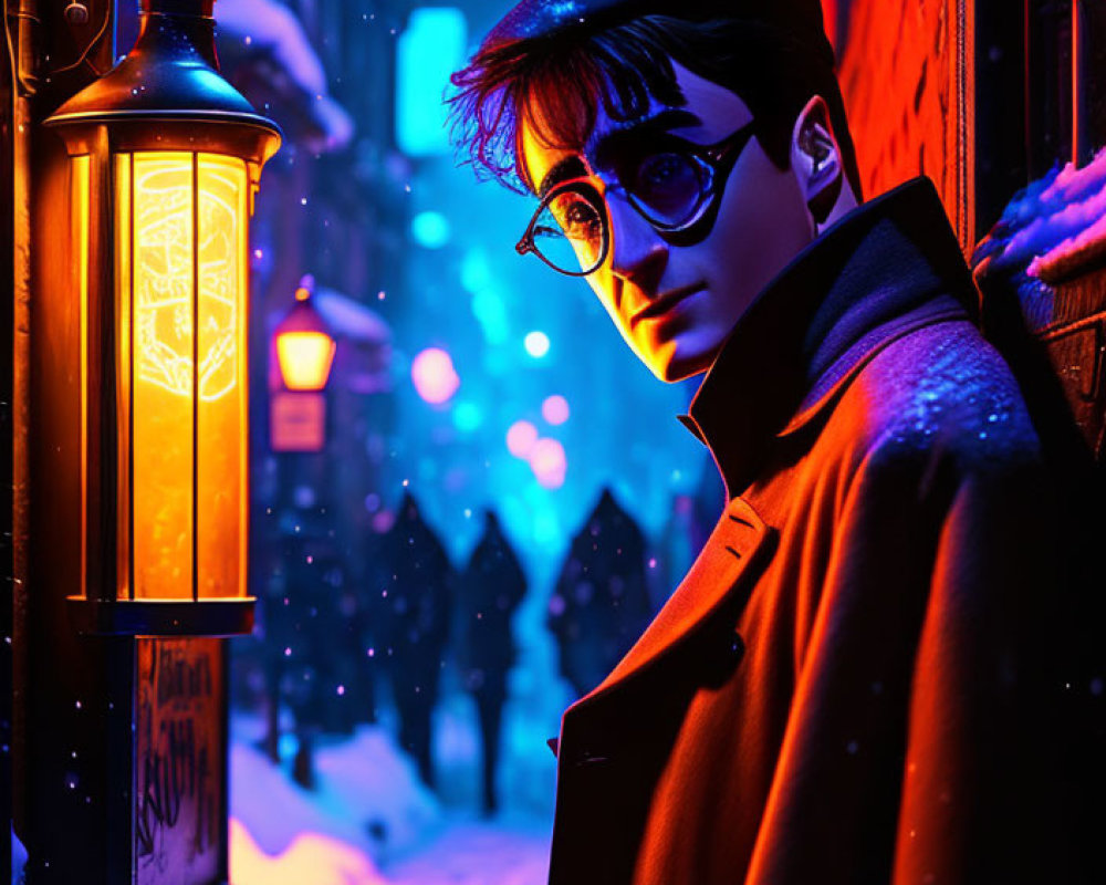 Young wizard in red coat in snowy alleyway at night