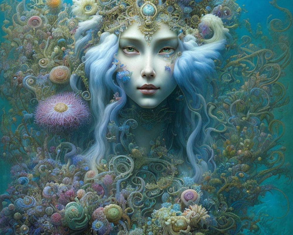 Mystical sea-themed digital artwork of feminine figure with ocean-inspired headwear and intertwined hair.