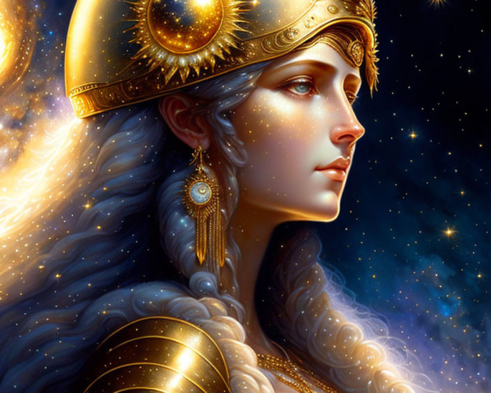 Celestial armored woman with golden helmet and flowing blue hair in starry backdrop