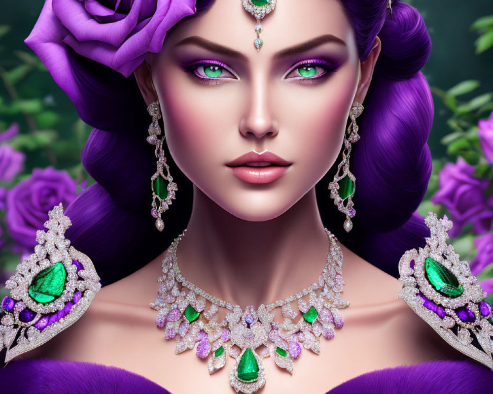 Digital artwork featuring woman with purple hair, green eyes, and gemstone jewelry among roses.