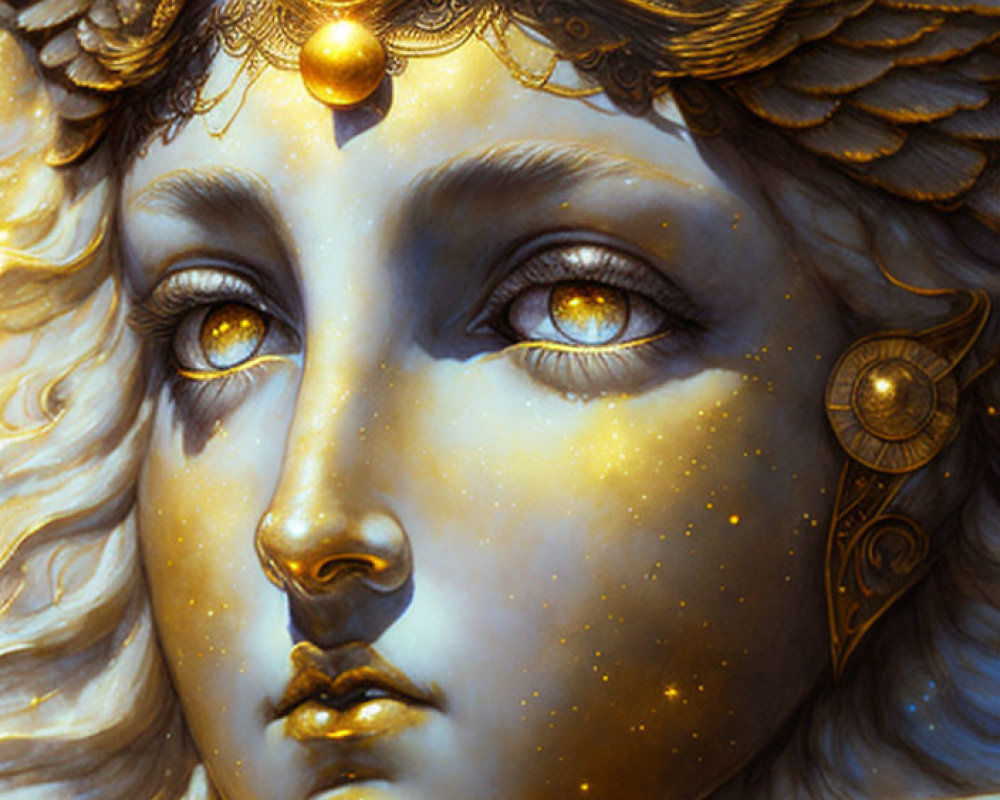 Detailed illustration of mystical being with golden eyes, adorned with gold jewelry and ram's horns, against celestial