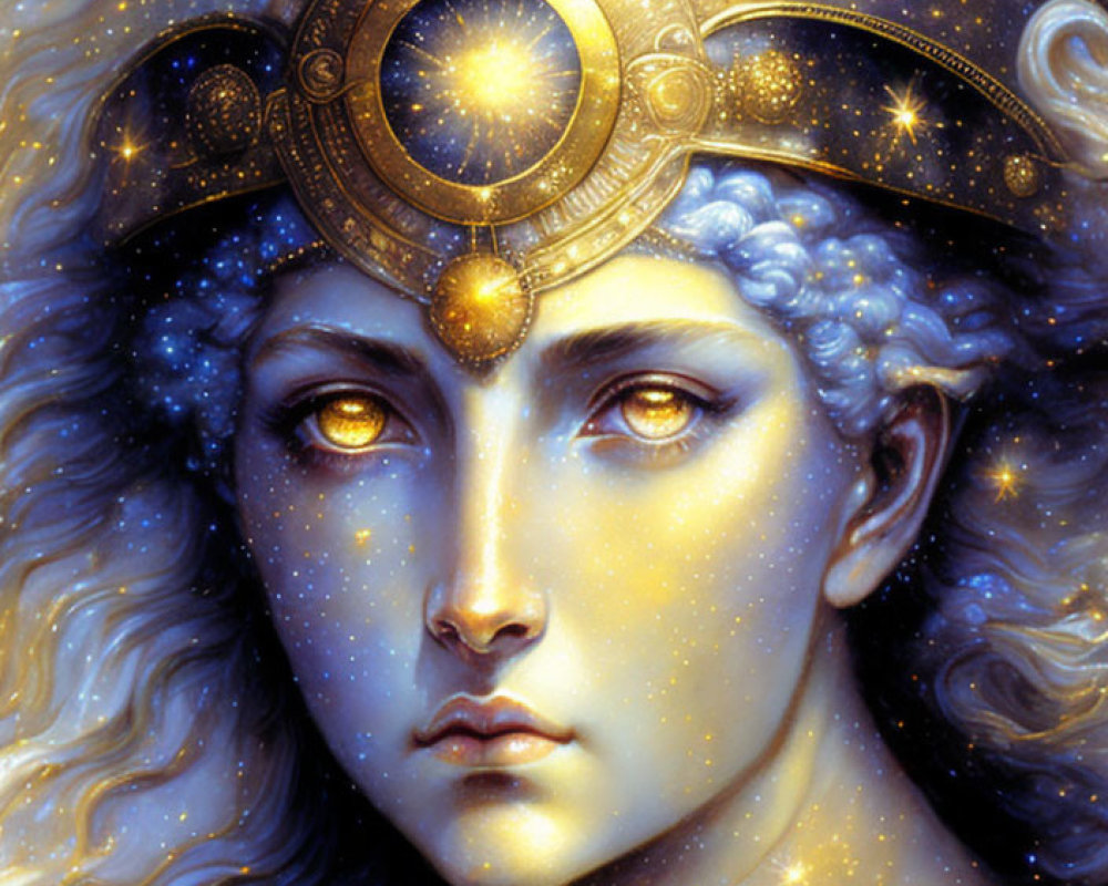 Celestial being with starry complexion and ornate headdress in cosmic backdrop