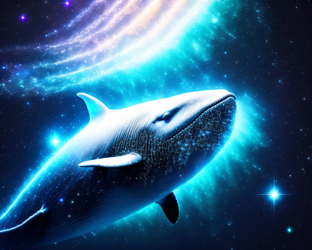 Glowing blue whale in cosmic space with stars and nebulous clouds