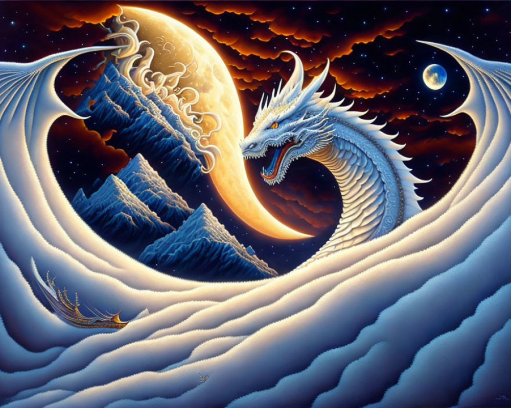 Blue dragon entwined around crescent moon in snowy mountain scene