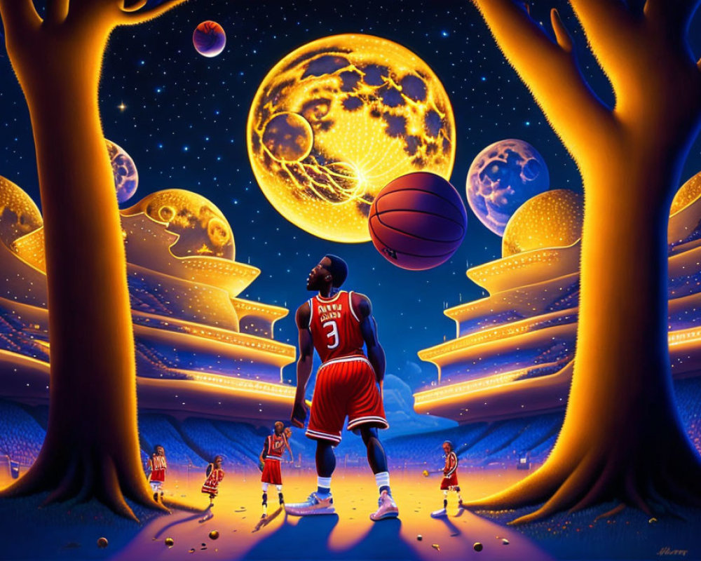 Illustration of basketball player on alien planet with moons and starlit sky