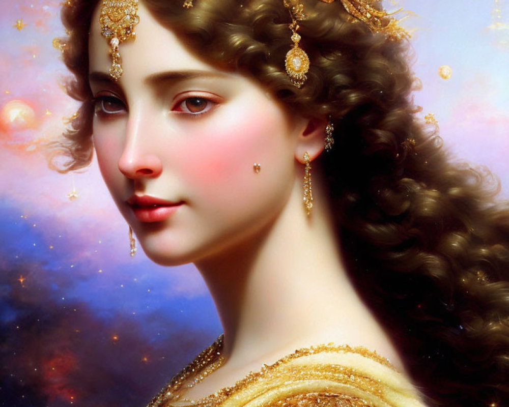 Curly-haired woman in gold dress against celestial backdrop