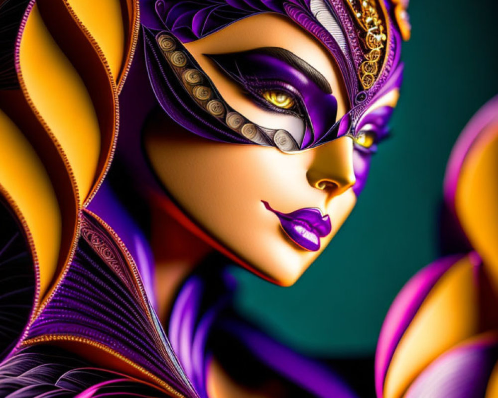 Colorful digital artwork: stylized female figure with purple and gold headgear & intricate patterns.