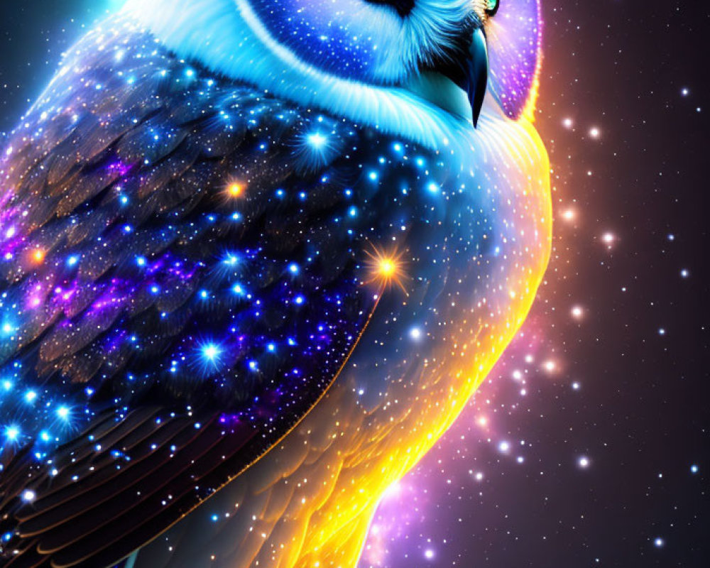 Ethereal snowy owl with galaxy-themed body and blue feathers