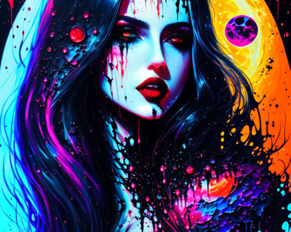 Colorful digital artwork of woman with long hair in cosmic setting