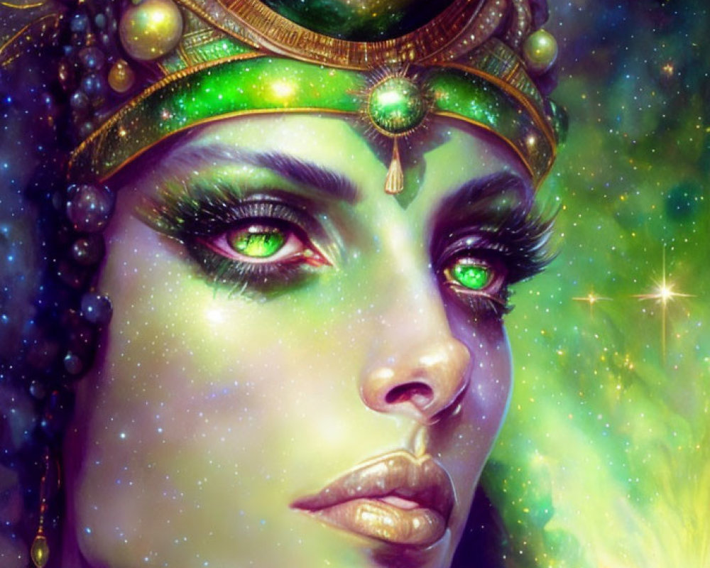 Woman with Green Celestial Makeup and Ornate Headdress in Cosmic Portrait