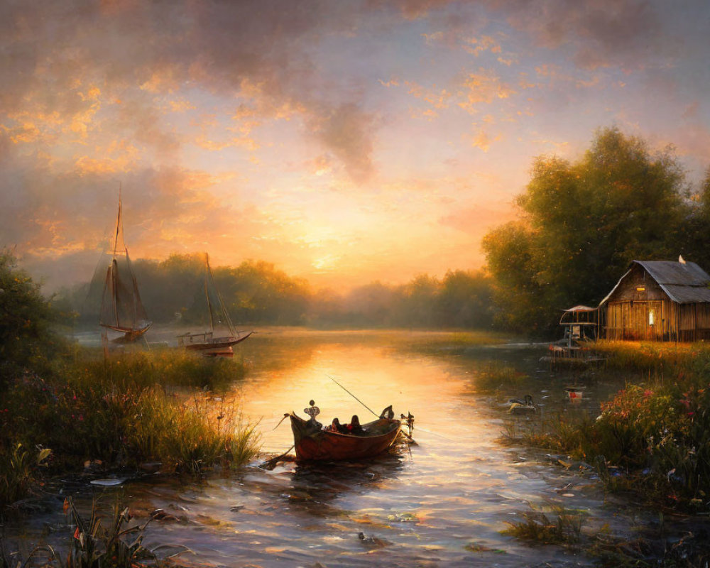 Tranquil sunset river scene with boat, cabin, sailboat, lush vegetation, colorful sky