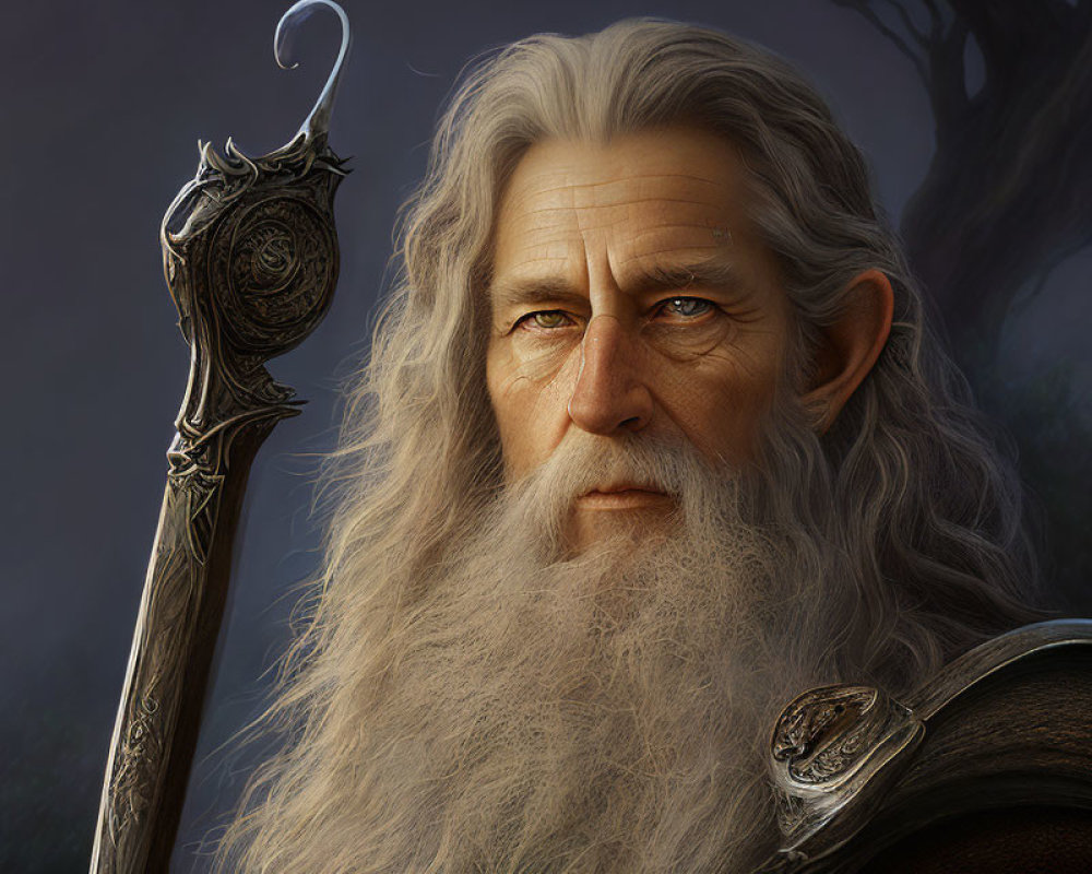 Elderly wizard illustration with long white beard and staff