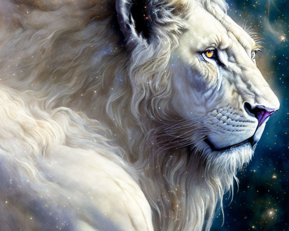 White lion with cosmic-themed mane in starry night sky.