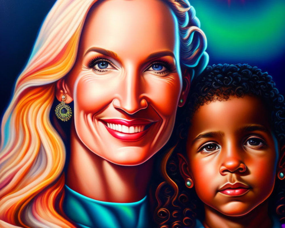 Colorful Portrait of Smiling Woman and Child with Blonde and Curly Hair