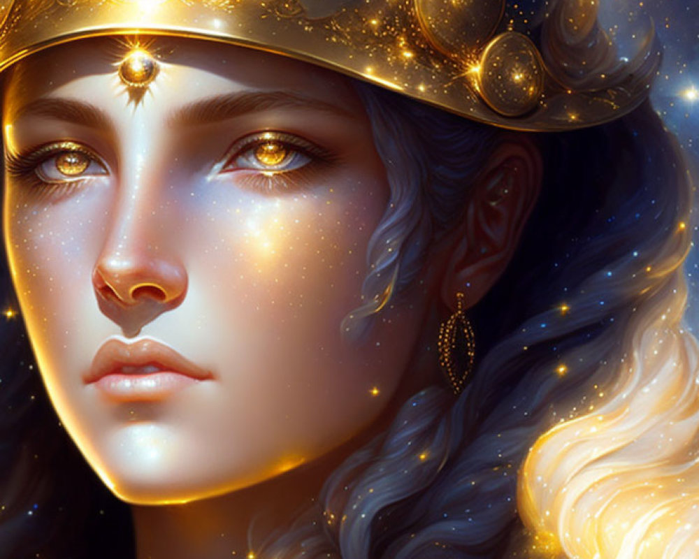 Fantasy portrait: Woman with starry night-sky hair, gold crown, celestial motifs