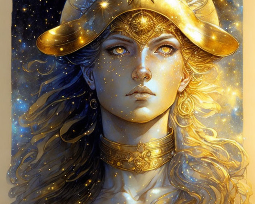 Celestial-themed woman illustration with golden hat and jewelry