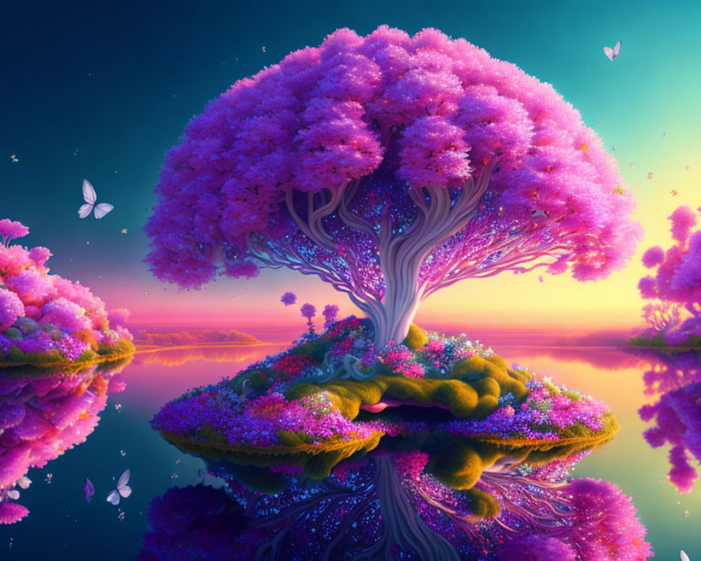 Surreal landscape with pink tree on island under sunset sky