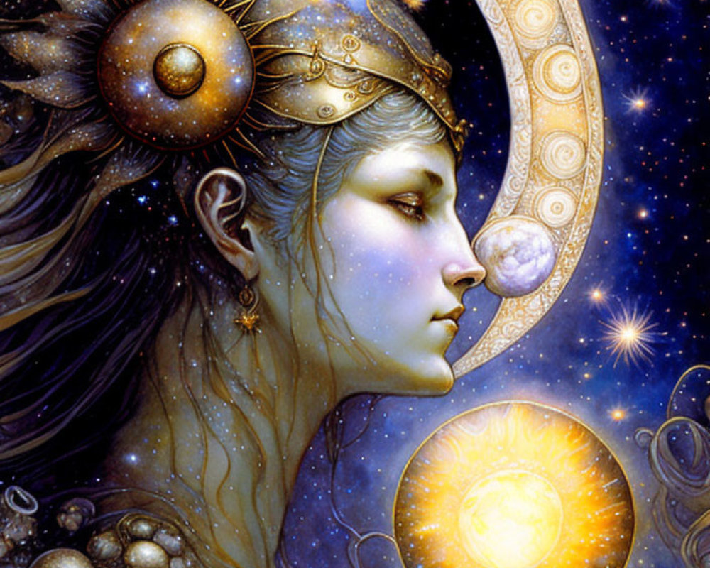 Celestial female figure with cosmic headdress in starry universe