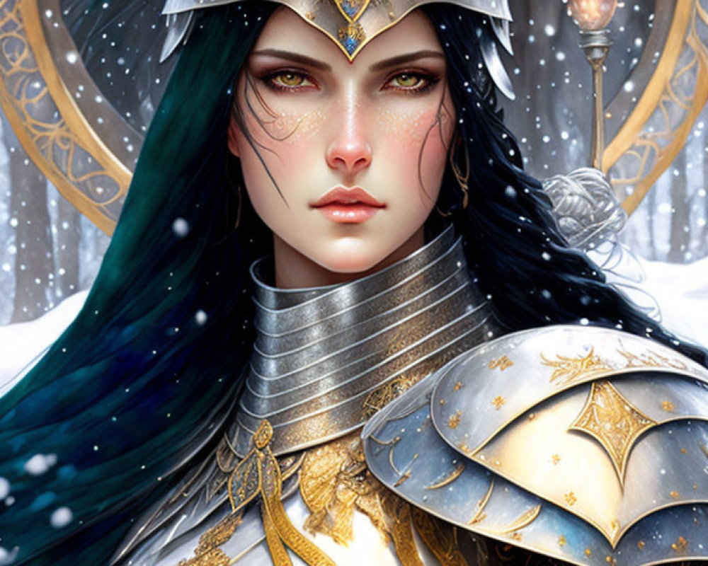 Female warrior in ornate silver and gold armor in snowy landscape