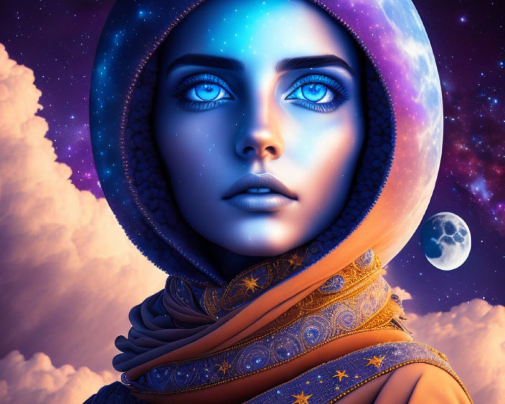 Digital Art: Woman in Cosmic Hijab Under Starry Sky