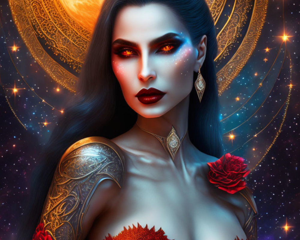 Fantasy illustration of woman in armor with cosmic backdrop