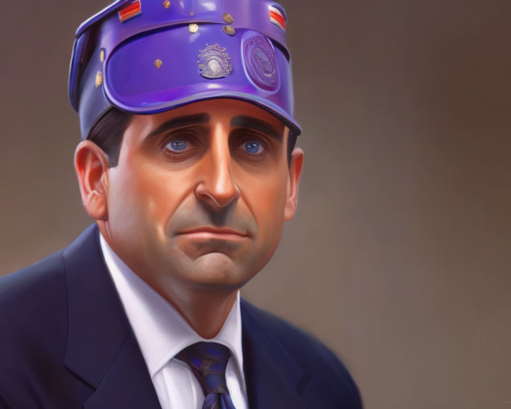 Exaggerated man caricature in blue suit with small purple hat