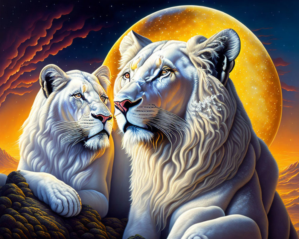 White lions under full moon and starry sky, one licking the other's face.