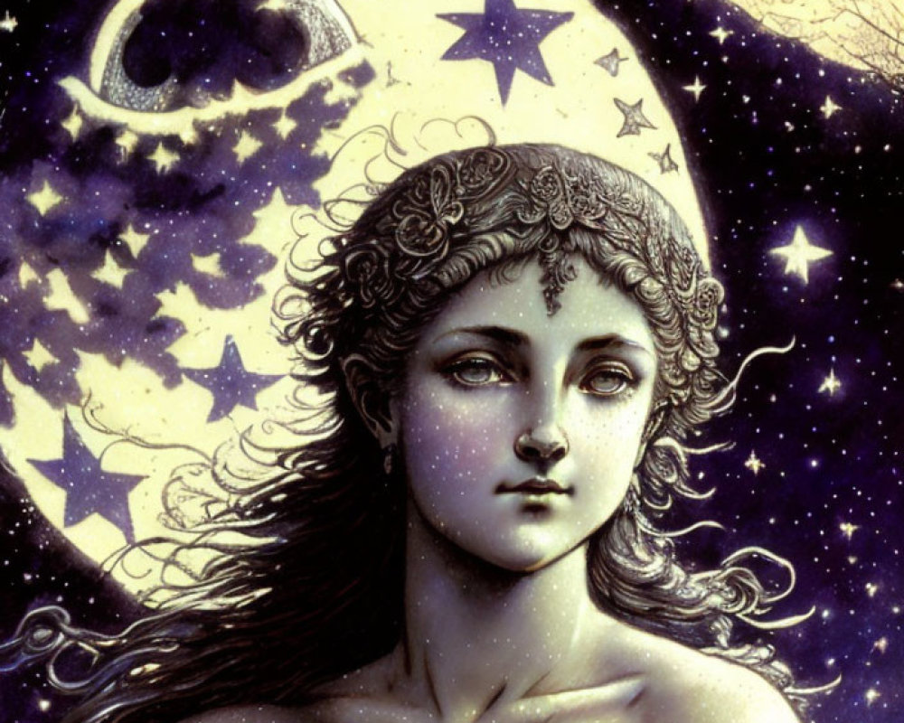 Mystical artwork of woman under starry sky and crescent moon