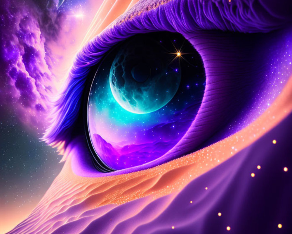 Surreal eye illustration with cosmic galaxy reflection on vibrant starry backdrop