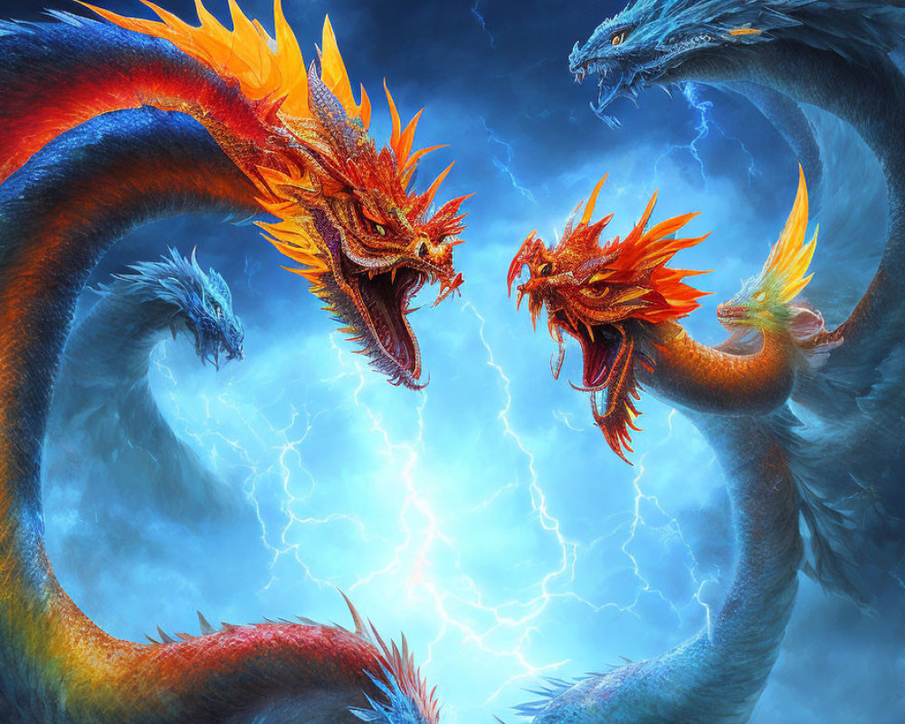 Colorful Dragons Battle in Stormy Sky